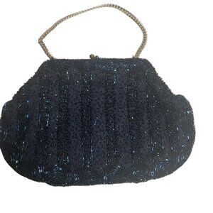 Vintage Frances Hirsch Handmade Beaded Navy Clutch Purse 50s 60s
